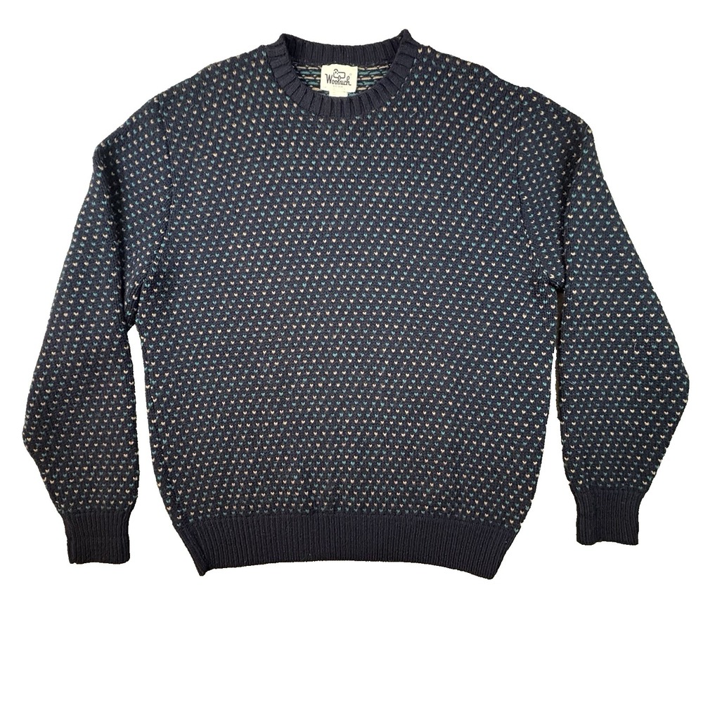 VTG Woolrich Men's XL Navy 100% Wool Fair Isle Knit Crewneck Sweater USA SEE DES